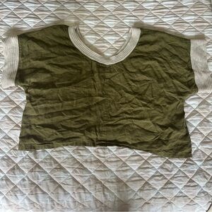 Toile and Stripes Linen Crop Top in Olive- Size Large